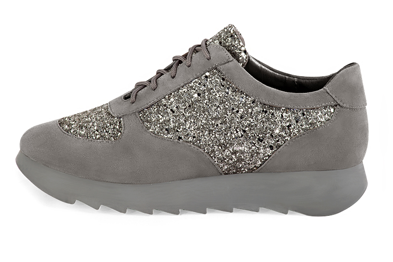 Dove grey and dark silver women's one-tone elegant sneakers. Round toe. Low rubber soles. Profile view - Florence KOOIJMAN